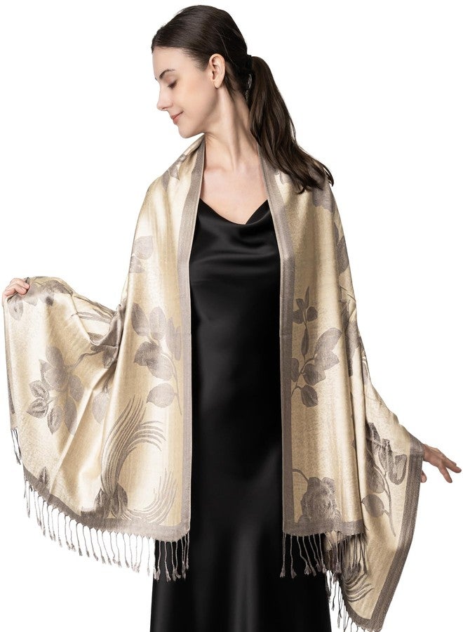 Achillea Two Tone Floral Roses Reversible Pashmina Scarf Shawl Wrap Stole 78" x 27" (Beige/Grey) - Image 3