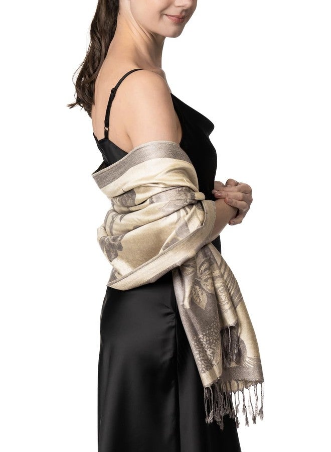 Achillea Two Tone Floral Roses Reversible Pashmina Scarf Shawl Wrap Stole 78" x 27" (Beige/Grey) - Image 5