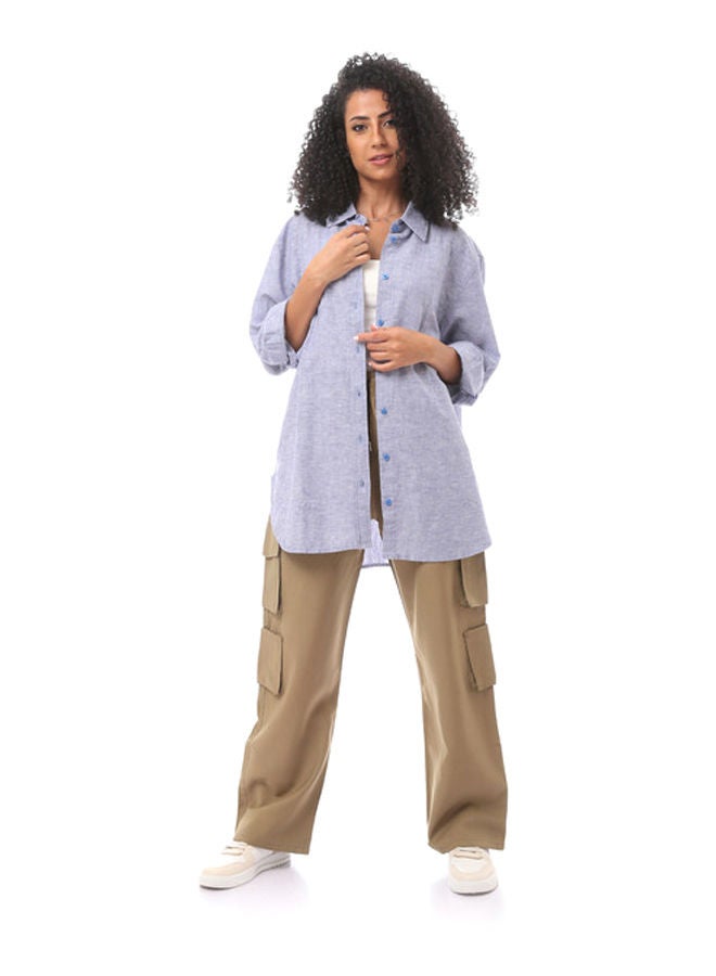 Andora Long Sleeve Buttoned Casual Blouse-Blue Heather - Image 1