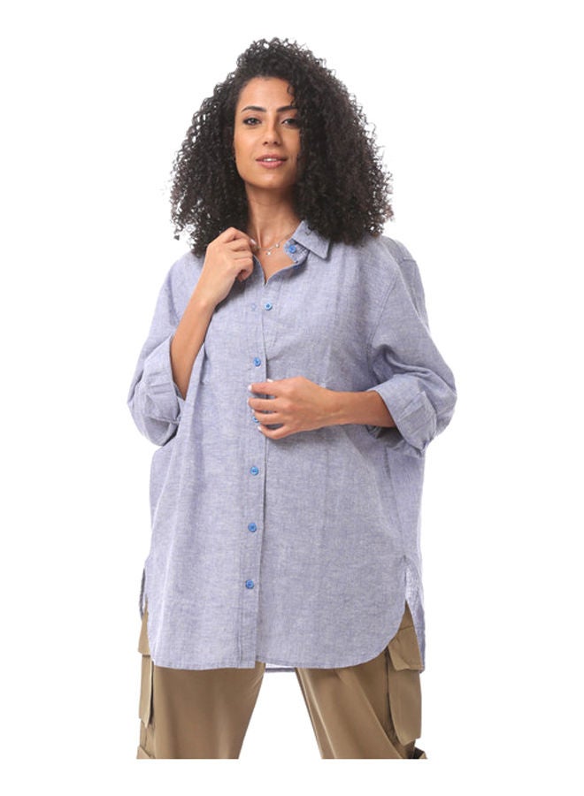 Andora Long Sleeve Buttoned Casual Blouse-Blue Heather - Image 2