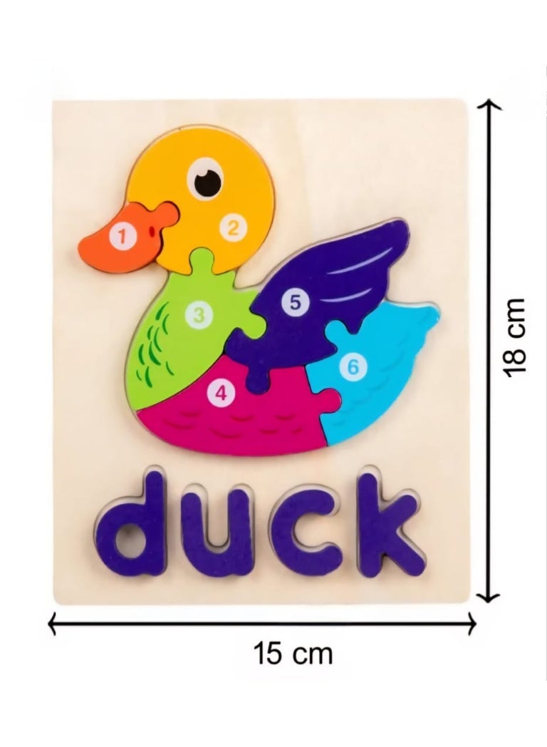 اي ديد بازل خشبي تعليمي للأطفال - شكل بطة ملونة بالأرقام والحروف - 6 قطع - مقاس 15×18 سم - Image 1