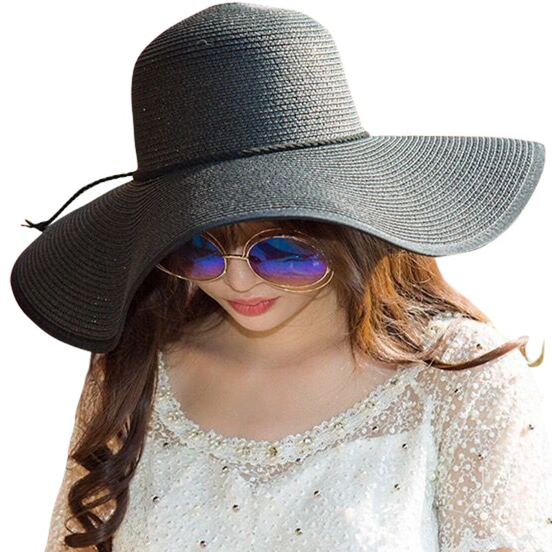 Lanzom Womens Wide Brim Straw Hat Big Floppy Foldable Roll up Cap Beach Sun Hat UPF 50+(Twine-Black) - Image 3