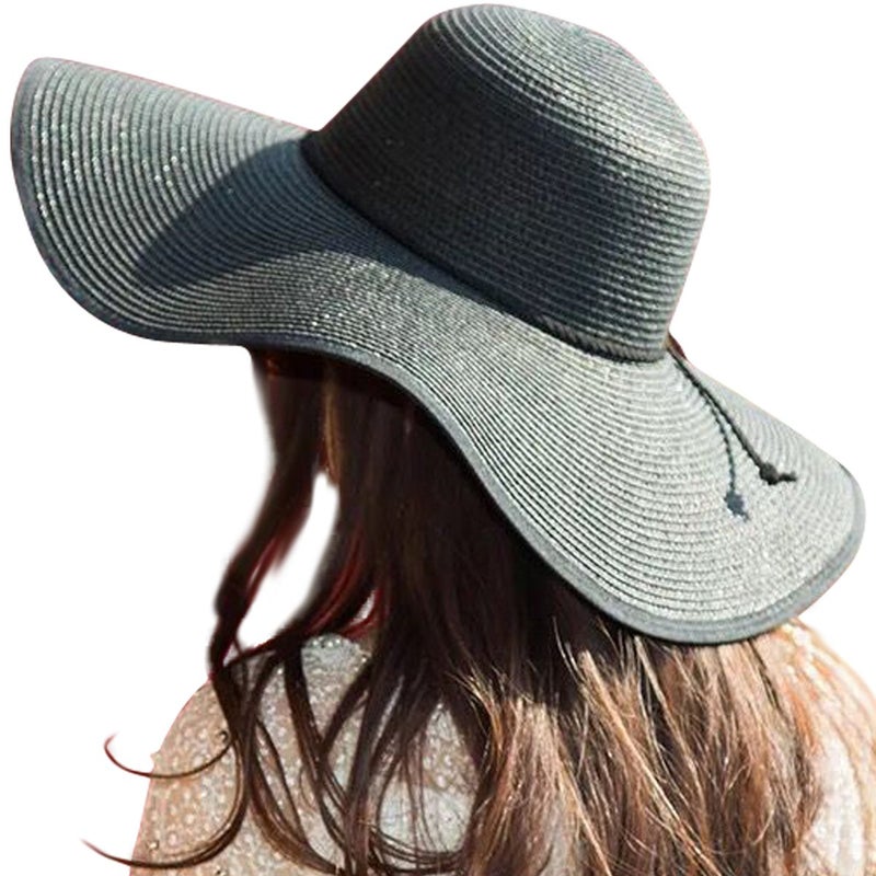 Lanzom Womens Wide Brim Straw Hat Big Floppy Foldable Roll up Cap Beach Sun Hat UPF 50+(Twine-Black) - Image 2
