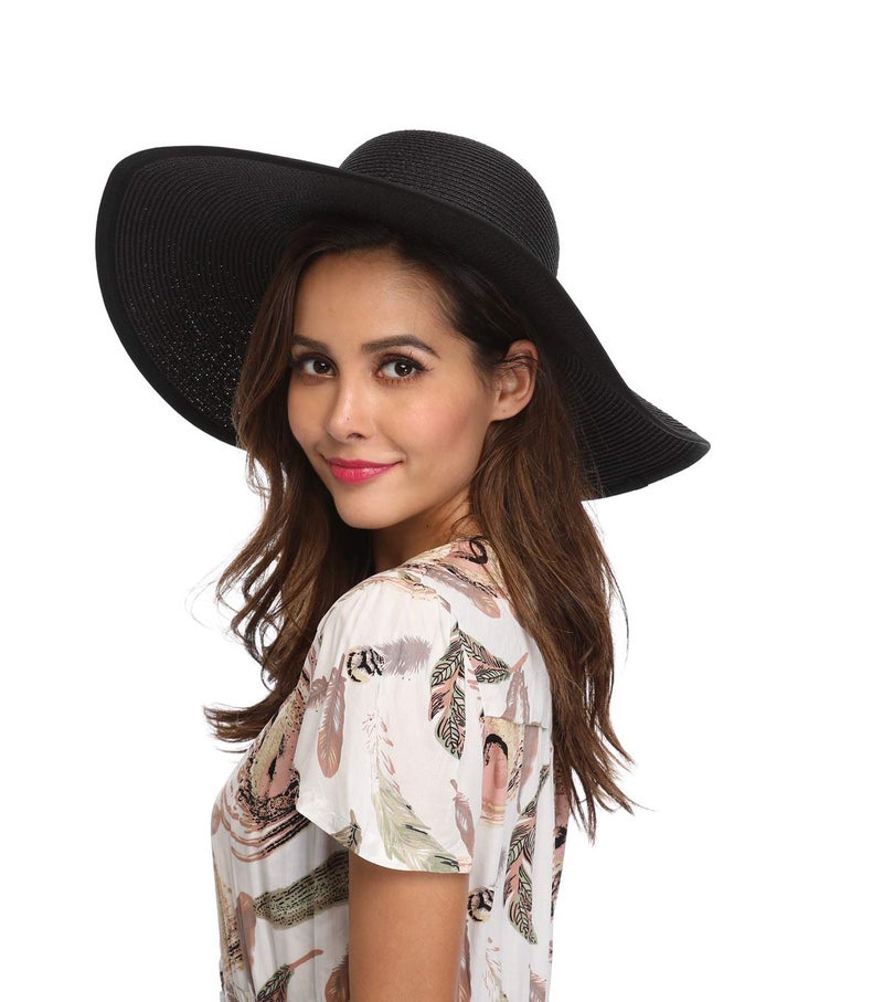 Lanzom Womens Wide Brim Straw Hat Big Floppy Foldable Roll up Cap Beach Sun Hat UPF 50+(Twine-Black) - Image 4