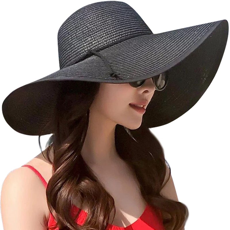 Lanzom Womens Wide Brim Straw Hat Big Floppy Foldable Roll up Cap Beach Sun Hat UPF 50+(Twine-Black) - Image 1