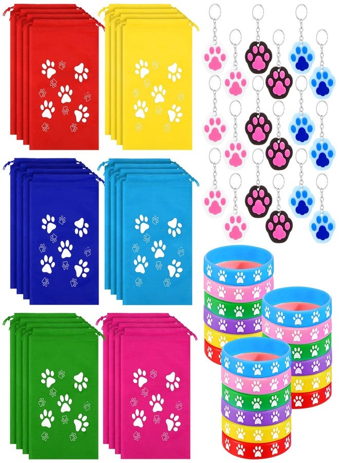 Hungdao 72 Pcs Dog Paw Party Favors Set Paw Print Goodie Bags Multicolor Paw Print Silicone Bracelet Wristband Cute Keychain for Puppy Birthday Party Supplies - Image 1