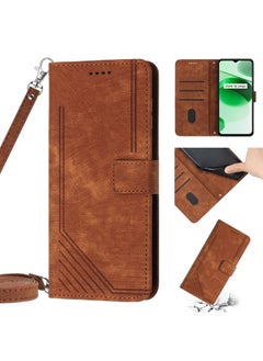 HuHa Case Cover Skin Feel Stripe Pattern Leather Phone Case with Lanyard for Realme C12 / C15 / C25 / C25s / 7i Global / Narzo 20 / Narzo 30A Brown 