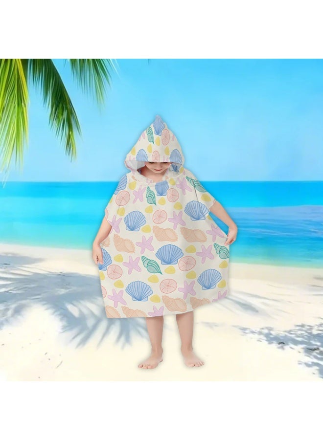 Cream Off White Base Full Printed Macaron Pastel Hand Drawn Starfish Shell Conch Unisex Kids Hooded Quick Dry Poncho Towel, Polyester Soft Water Absorbent Loose Windproof Bath Wrap for All Kids, Ideal for Beach, Swimming Pool, Hot Spring & Daily Shower - Image 4