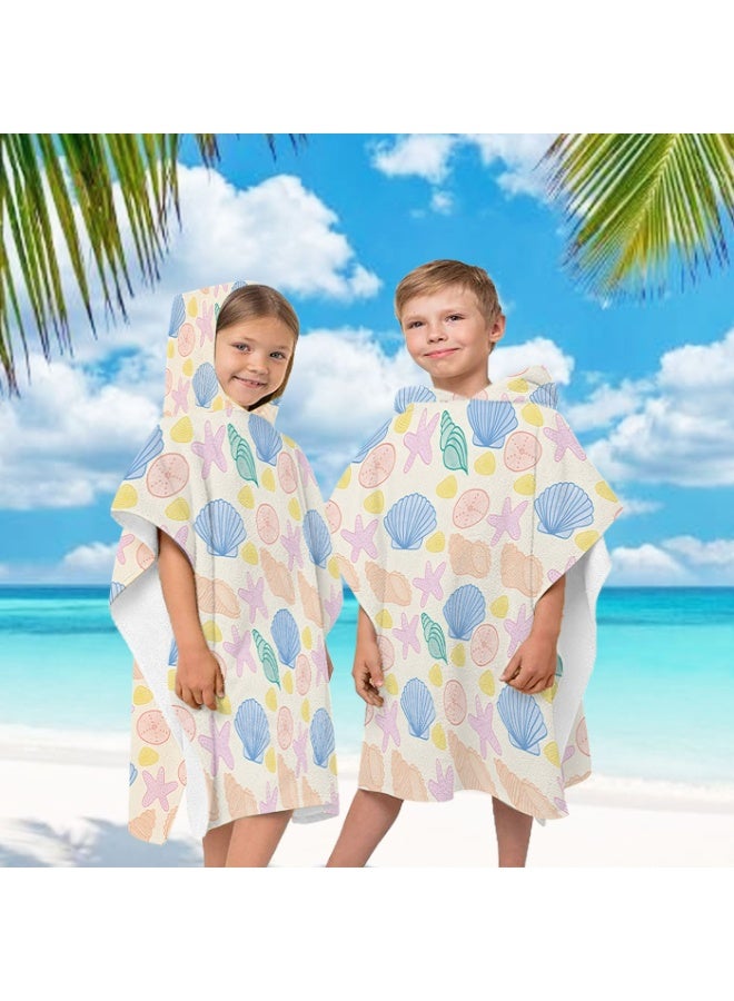 Cream Off White Base Full Printed Macaron Pastel Hand Drawn Starfish Shell Conch Unisex Kids Hooded Quick Dry Poncho Towel, Polyester Soft Water Absorbent Loose Windproof Bath Wrap for All Kids, Ideal for Beach, Swimming Pool, Hot Spring & Daily Shower - Image 2