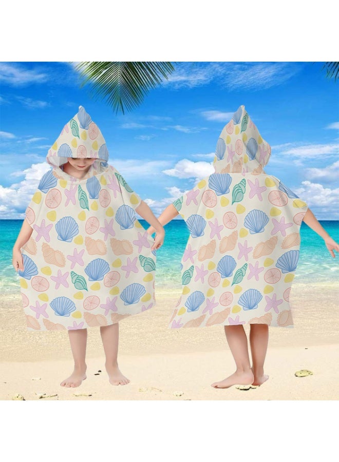 Cream Off White Base Full Printed Macaron Pastel Hand Drawn Starfish Shell Conch Unisex Kids Hooded Quick Dry Poncho Towel, Polyester Soft Water Absorbent Loose Windproof Bath Wrap for All Kids, Ideal for Beach, Swimming Pool, Hot Spring & Daily Shower - Image 3