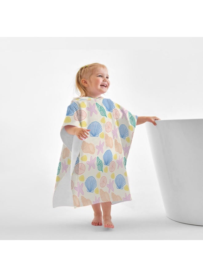 Cream Off White Base Full Printed Macaron Pastel Hand Drawn Starfish Shell Conch Unisex Kids Hooded Quick Dry Poncho Towel, Polyester Soft Water Absorbent Loose Windproof Bath Wrap for All Kids, Ideal for Beach, Swimming Pool, Hot Spring & Daily Shower - Image 1