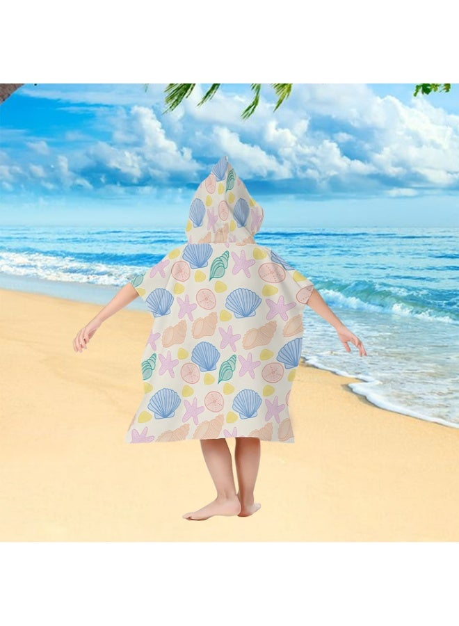 Cream Off White Base Full Printed Macaron Pastel Hand Drawn Starfish Shell Conch Unisex Kids Hooded Quick Dry Poncho Towel, Polyester Soft Water Absorbent Loose Windproof Bath Wrap for All Kids, Ideal for Beach, Swimming Pool, Hot Spring & Daily Shower - Image 5