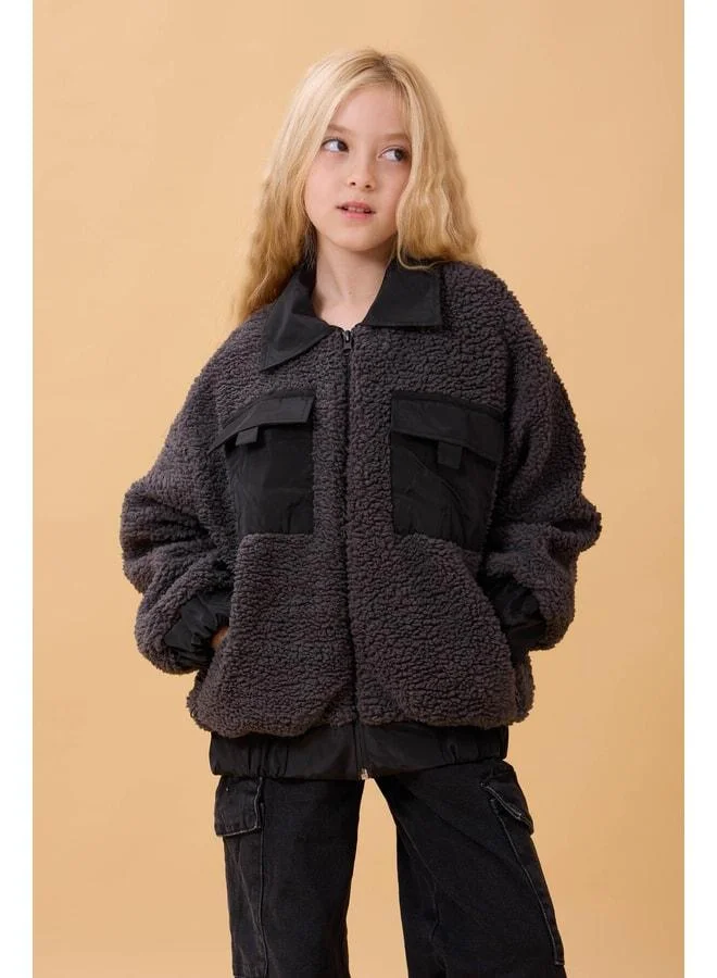 Perendi Girl's Shirt-Collar Pocket Plush Winter Coat – Charcoal.