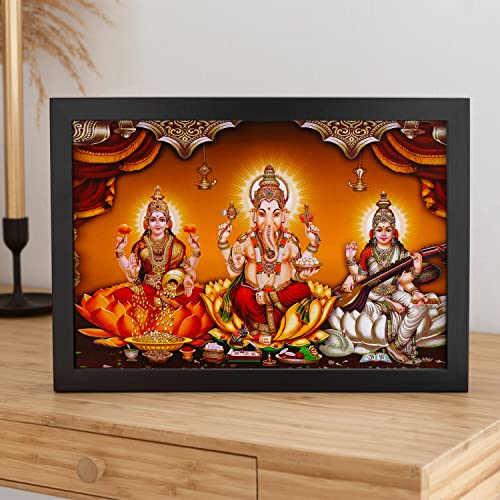 Ritwika's Laxmi Ganesh Saraswati Diwali Pooja Painting With Black Frame Abstarct For Home & Office Decor, Size 13.5 x 9.5 inch, Set of 1 (Multi Colour) - Image 5