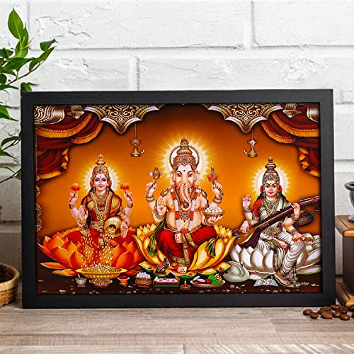 Ritwika's Laxmi Ganesh Saraswati Diwali Pooja Painting With Black Frame Abstarct For Home & Office Decor, Size 13.5 x 9.5 inch, Set of 1 (Multi Colour) - Image 4
