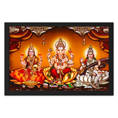 Ritwika's Laxmi Ganesh Saraswati Diwali Pooja Painting With Black Frame Abstarct For Home & Office Decor, Size 13.5 x 9.5 inch, Set of 1 (Multi Colour) - Image 1
