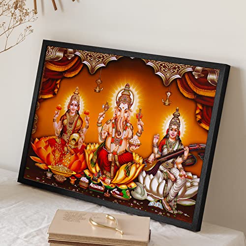 Ritwika's Laxmi Ganesh Saraswati Diwali Pooja Painting With Black Frame Abstarct For Home & Office Decor, Size 13.5 x 9.5 inch, Set of 1 (Multi Colour) - Image 2