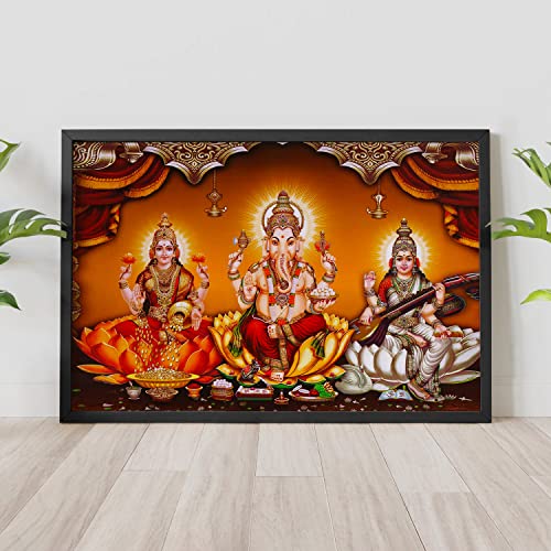 Ritwika's Laxmi Ganesh Saraswati Diwali Pooja Painting With Black Frame Abstarct For Home & Office Decor, Size 13.5 x 9.5 inch, Set of 1 (Multi Colour) - Image 3
