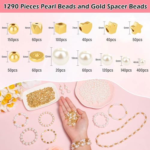 Thrilez 1290 Piece Pearl and Gold Spacer Beads for Bracelet Making, Assorted Gold and Pearl Beads for Jewelry Making Kit - Image 3