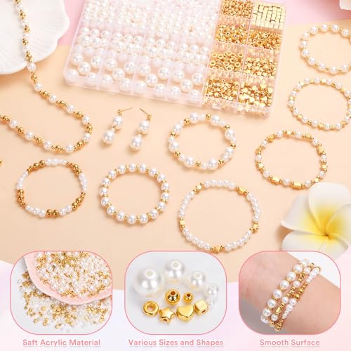 Thrilez 1290 Piece Pearl and Gold Spacer Beads for Bracelet Making, Assorted Gold and Pearl Beads for Jewelry Making Kit - Image 4