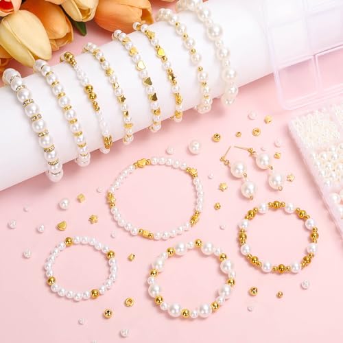 Thrilez 1290 Piece Pearl and Gold Spacer Beads for Bracelet Making, Assorted Gold and Pearl Beads for Jewelry Making Kit - Image 2