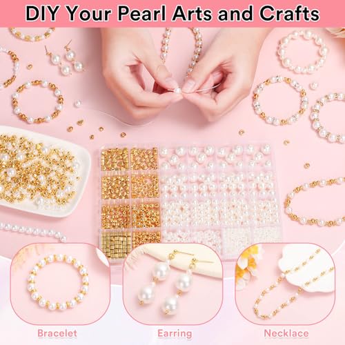 Thrilez 1290 Piece Pearl and Gold Spacer Beads for Bracelet Making, Assorted Gold and Pearl Beads for Jewelry Making Kit - Image 5