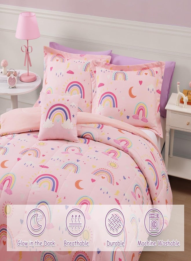 Wink Deer Full Size Comforter Set for Girls-4 Pieces Pink Rainbow Glow in The Dark Full Bedding Sets for Kids, 1 Comforter, 2 Shams and 1 Decor Pillow - Image 2