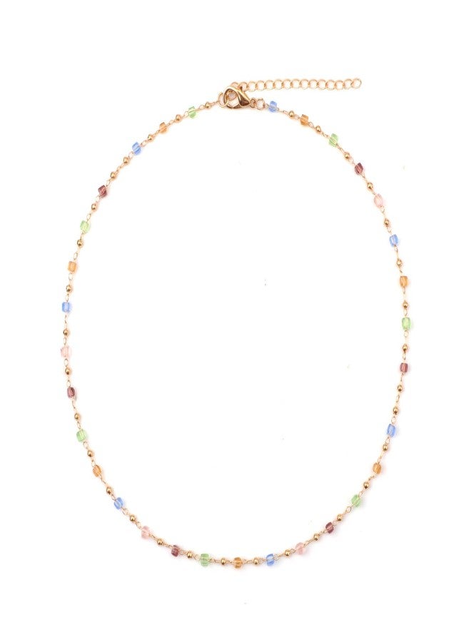 XIHIRCD Multicolor Square Cubic Crystal Beaded Necklace, 38cm, Adult Women's Coastal Strand Necklace with Buckle Clasp - Image 1