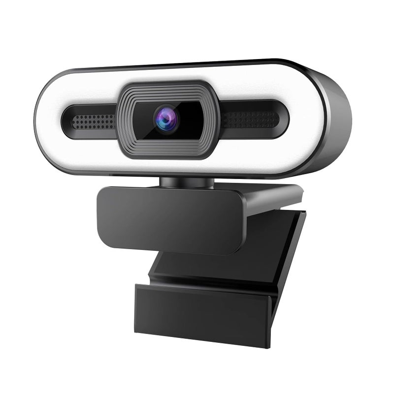 1080P HD Webcam with Microphone, 3-Level Lighting, 360° Rotation, Multi-OS Compatible
