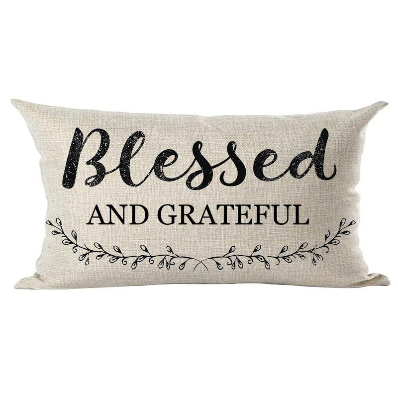 Ramirar Black Word Art Quote Blessed and Grateful Thanksgiving Day Friends Decorative Lumbar Throw Pillow Cover Case Home Living Room Bed Sofa Car Cotton Linen Rectangular 12 x 20 Inches