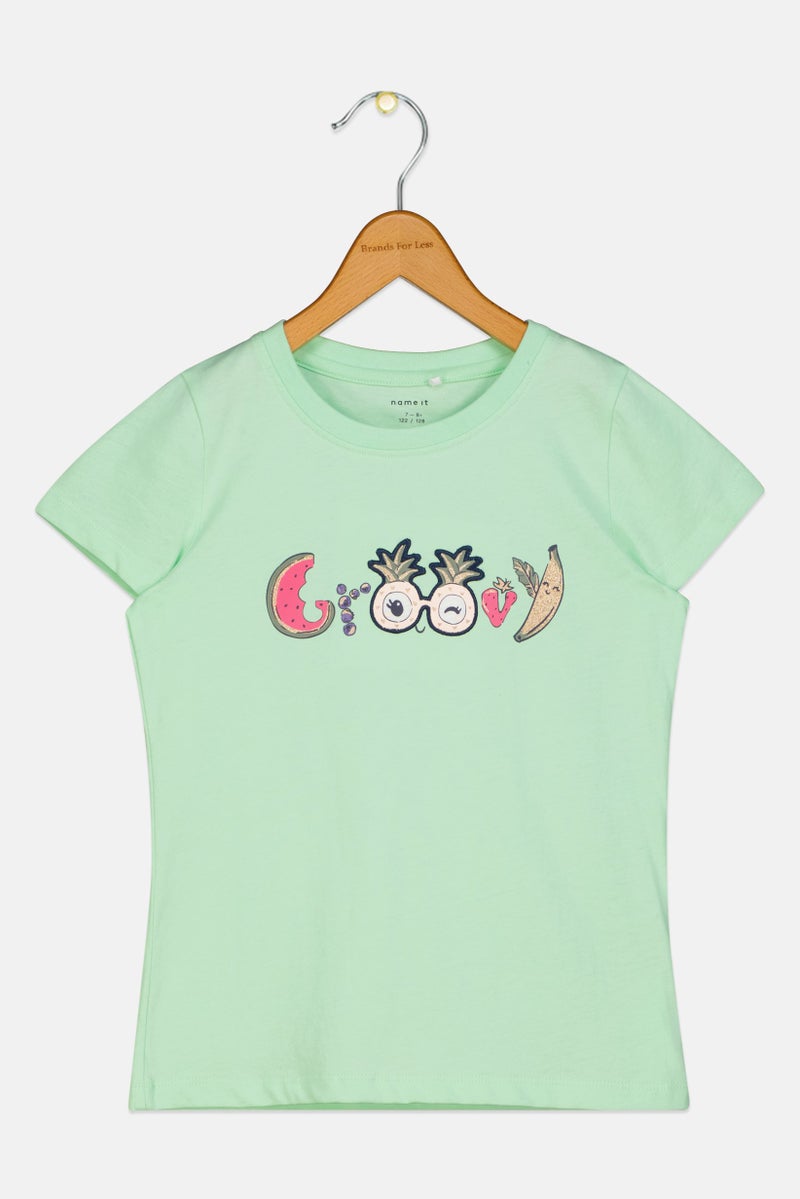 NAME IT Kids Girl Graphic Print Short Sleeves Top, Mint Green - Image 2