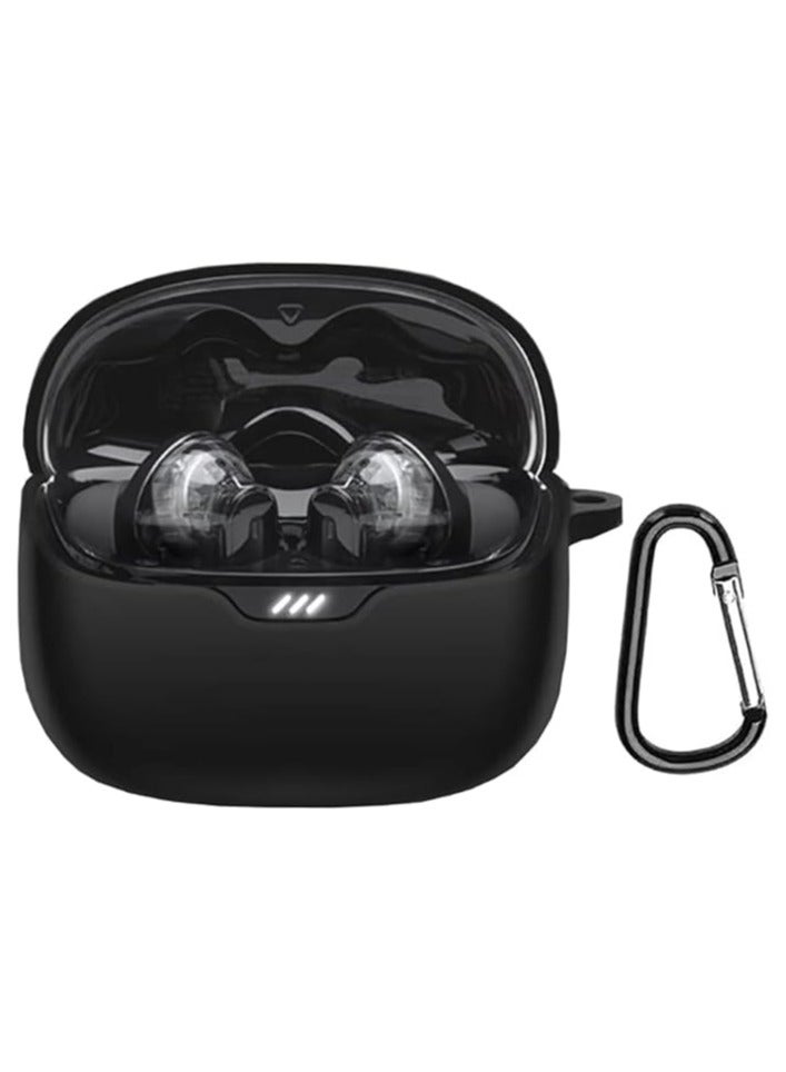 Case for JBL Tune Flex, Shockproof Silicone Cover Earphone Pouch With Carabiner (Black) - Image 1