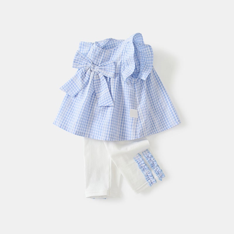 Womens Treasure Summer Clothing 2025 Plaid Flying Sleeves Baby Womens suit Korean Style Fashionable Two-Piece Set 1-3 Years Old Girls Clothing Blue plaid [top + pants] 