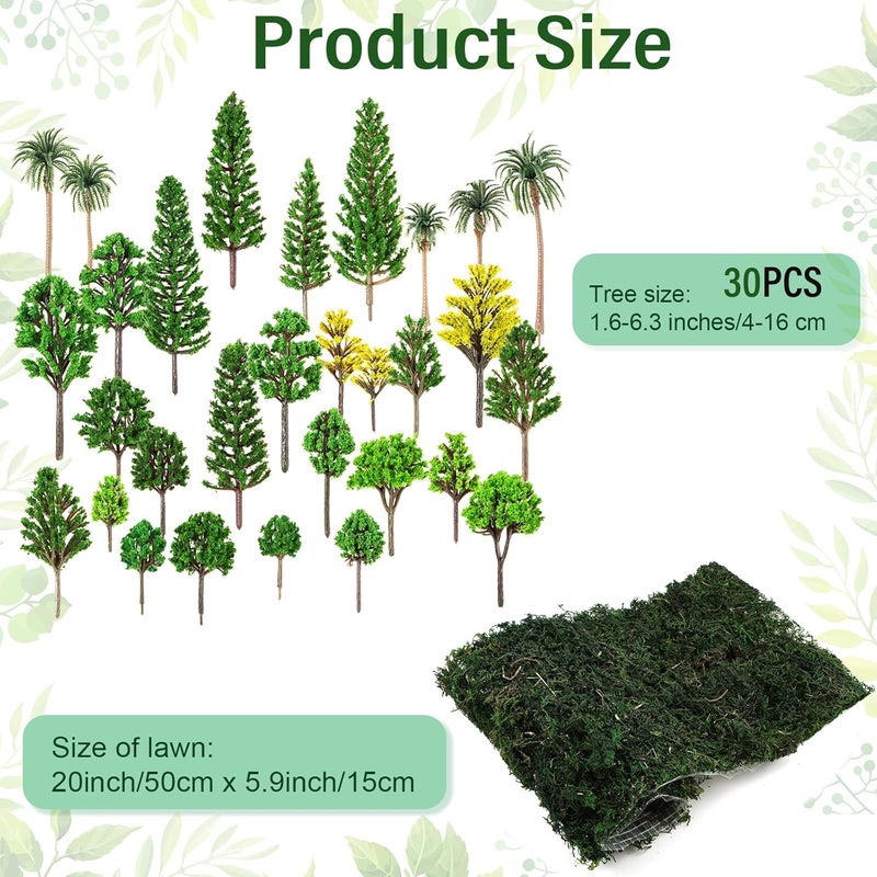 Canlierr 30 Pcs Mixed Model Trees 1.6-6.3 Inch Ho Scale Bushes with 20 x 8 Inch Dried Moss Table Runner Diorama Supplies Miniature Trees Plastic Trees for Model Train Scenery, DIY Crafts, Building Model - Image 2
