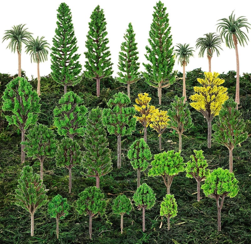 Canlierr 30 Pcs Mixed Model Trees 1.6-6.3 Inch Ho Scale Bushes with 20 x 8 Inch Dried Moss Table Runner Diorama Supplies Miniature Trees Plastic Trees for Model Train Scenery, DIY Crafts, Building Model - Image 1