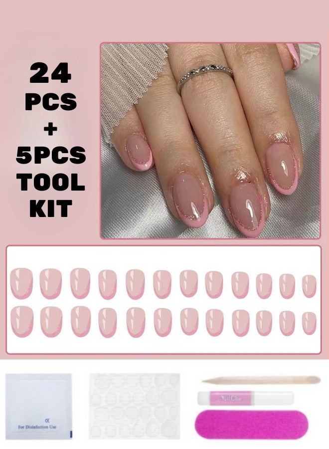 HANYII 24Pcs False Nails+5 Pcs Tool Kit Impress Press-On False Nails Bright Pink - Image 1