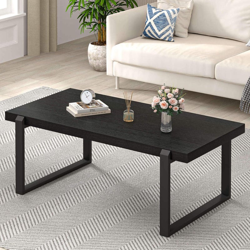 EXCEFUR Modern Black Coffee Table Industrial Wooden and Metal Center Table for Living Room Rectangle Cocktail Tea Table Black Oak 44 Inch