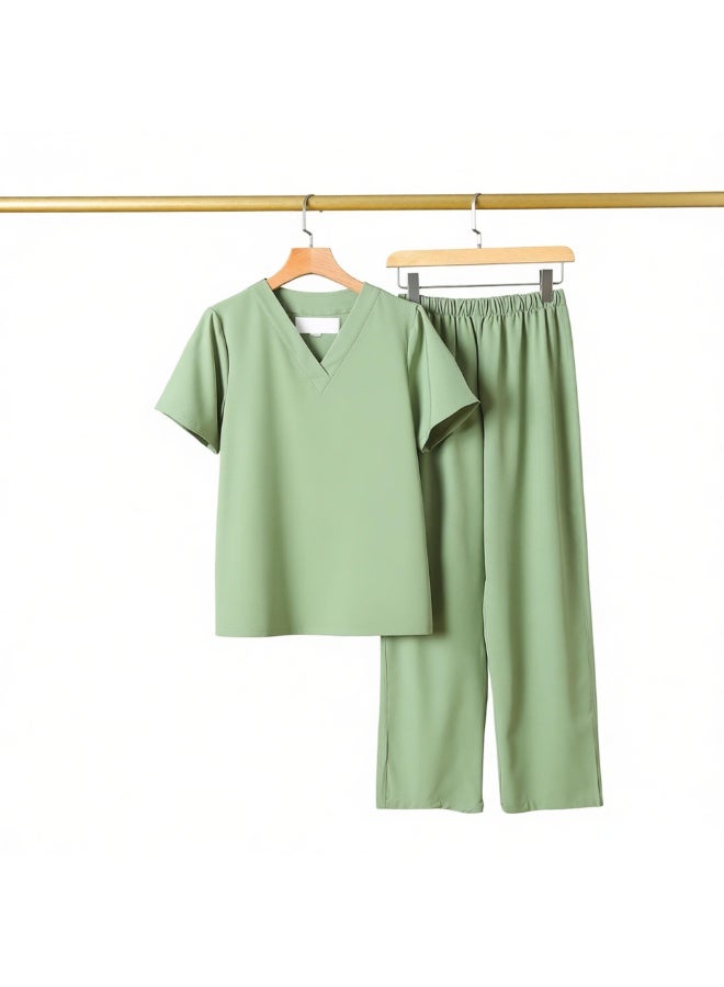 Womens V-Neck Scrubs Set Short Sleeves Top & Pants Soft Fabric Medical Nursing Uniform Light Green