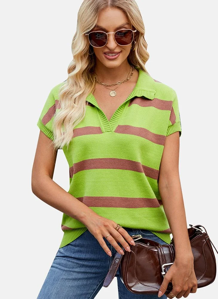 يونيكي Green Collared Striped Top