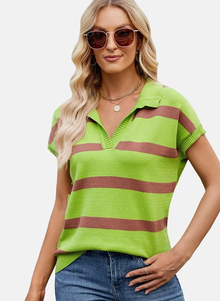 يونيكي Green Collared Striped Top