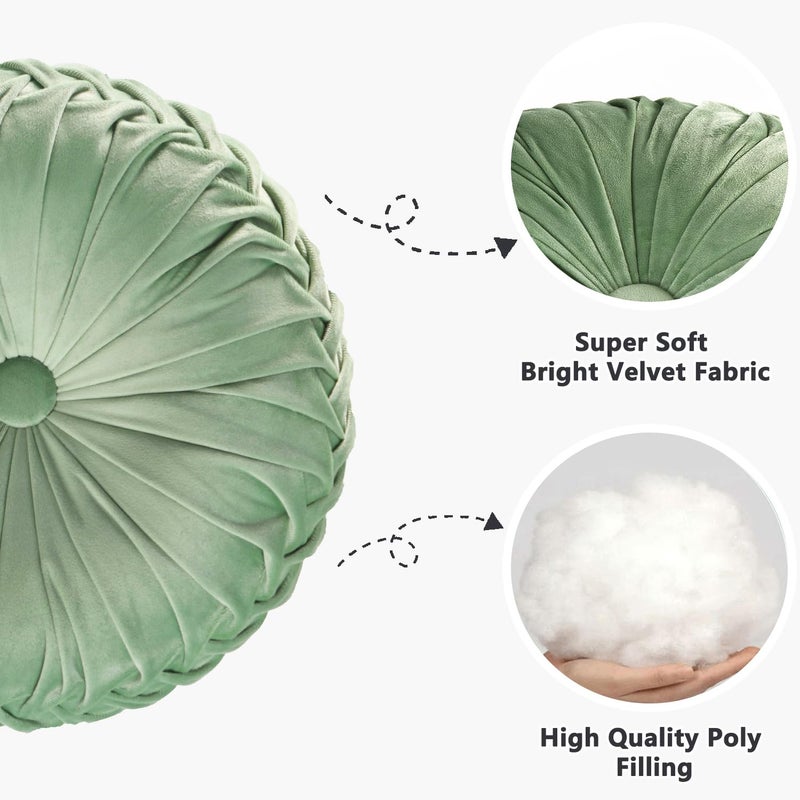 Hi -G HIG Set of 2 Decorative Round Pleated Throw Pillows, Classy Accent Pumpkin Throw Pillows with Center Button, Vintage Velvet Floor Pillows for Sofa Vanity Chair Bed, Sage, 14.5" Diameter(Ripple) - Image 2