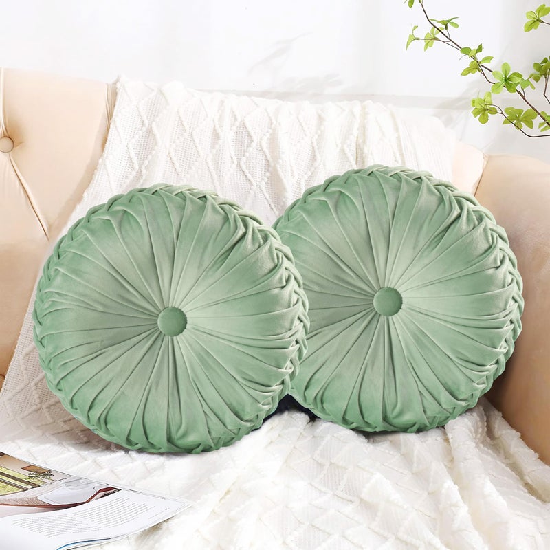 Hi -G HIG Set of 2 Decorative Round Pleated Throw Pillows, Classy Accent Pumpkin Throw Pillows with Center Button, Vintage Velvet Floor Pillows for Sofa Vanity Chair Bed, Sage, 14.5" Diameter(Ripple) - Image 1