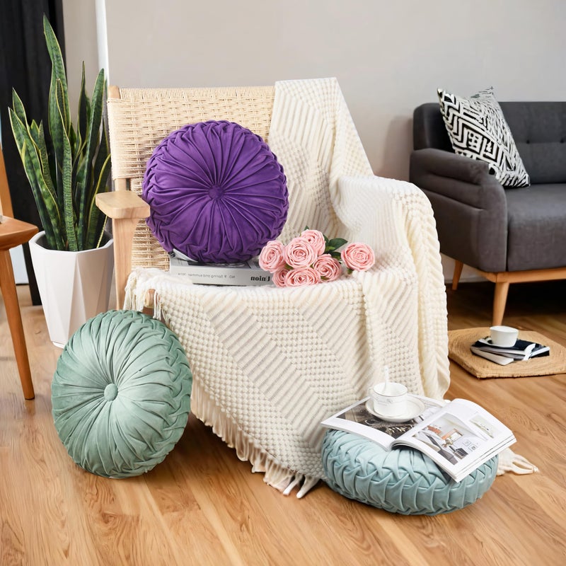 Hi -G HIG Set of 2 Decorative Round Pleated Throw Pillows, Classy Accent Pumpkin Throw Pillows with Center Button, Vintage Velvet Floor Pillows for Sofa Vanity Chair Bed, Sage, 14.5" Diameter(Ripple) - Image 5