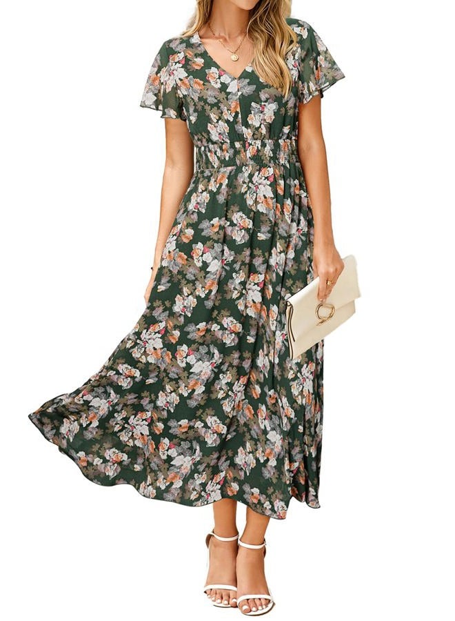 Simplee Apparel Simplee Womens Casual V Neck Short Sleeve Summer Floral Dress Chiffon Smocked Waist Midi Dress Boho Beach Flowy Dresses, Green 2, XL - Image 1