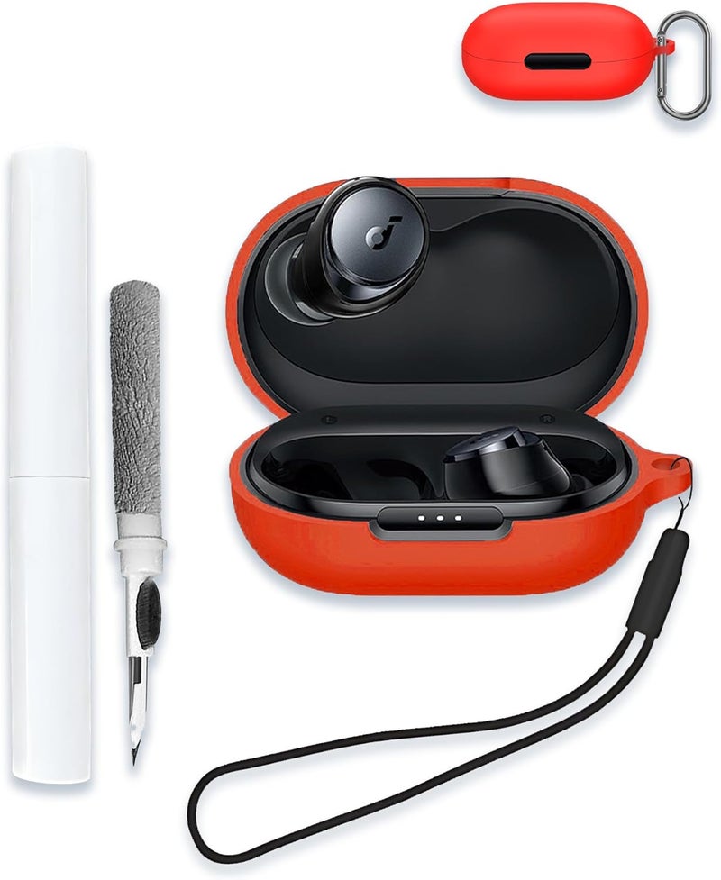 WUNIAK Case for Soundcore by Anker Space A40 Adaptive Active Noise Cancelling Wireless Earbuds, Soft Silicone Protective Portable Scratch Shock with Cleaner Kit & Carabiner & Lanyard,RED - Image 2