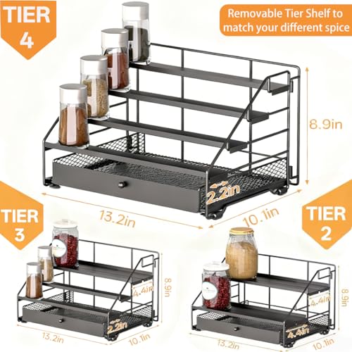DTUQYX Spice Rack Organizer for Cabinet 4 Tier Adjustable Spice Rack Organization with Drawer Depth Metal Shelf for Kitchen Countertop Cupboard Pantry Holds Seasoning and Condiments Black - Image 3