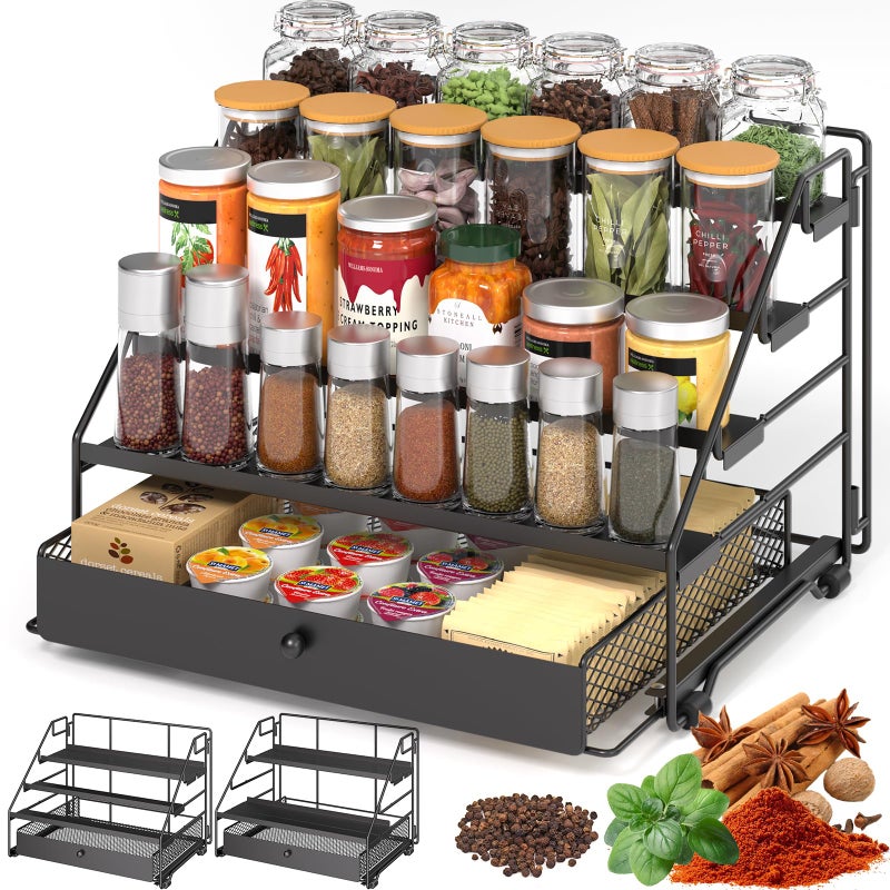DTUQYX Spice Rack Organizer for Cabinet 4 Tier Adjustable Spice Rack Organization with Drawer Depth Metal Shelf for Kitchen Countertop Cupboard Pantry Holds Seasoning and Condiments Black - Image 2