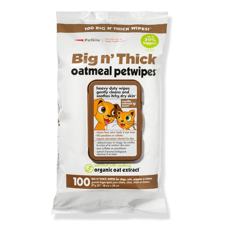 Petkin Pet Wipes for Dogs and Cats, 100 Wipes (Large) - Oatmeal Pet Wipes for Dogs and Cats - Soothes Itchy Dry Skin and Cleans Ears, Face, Butt, Body and Eye Area - Idea for Home and Travel - Image 1