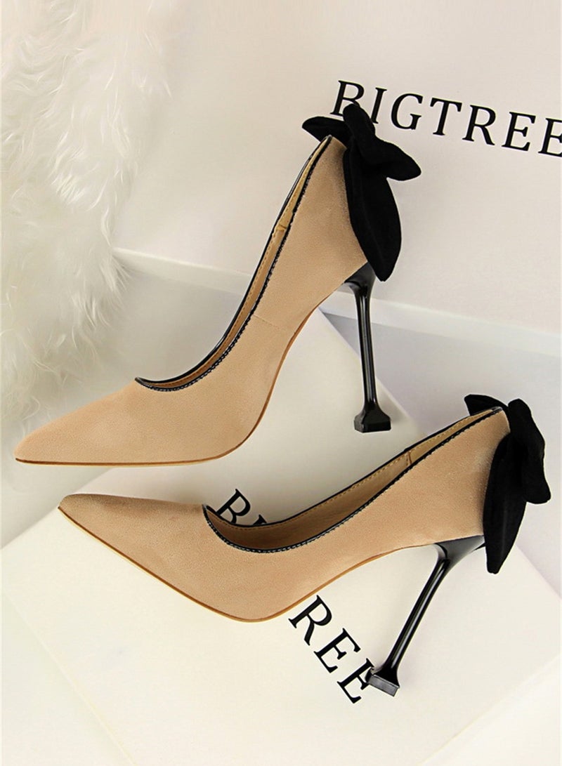 BIGTREE 9.5cm Thin High Heels Women's Shoes Fine Heel Suede Shallow Mouth Pointed Bow Single Shoes Beige  - Image 2