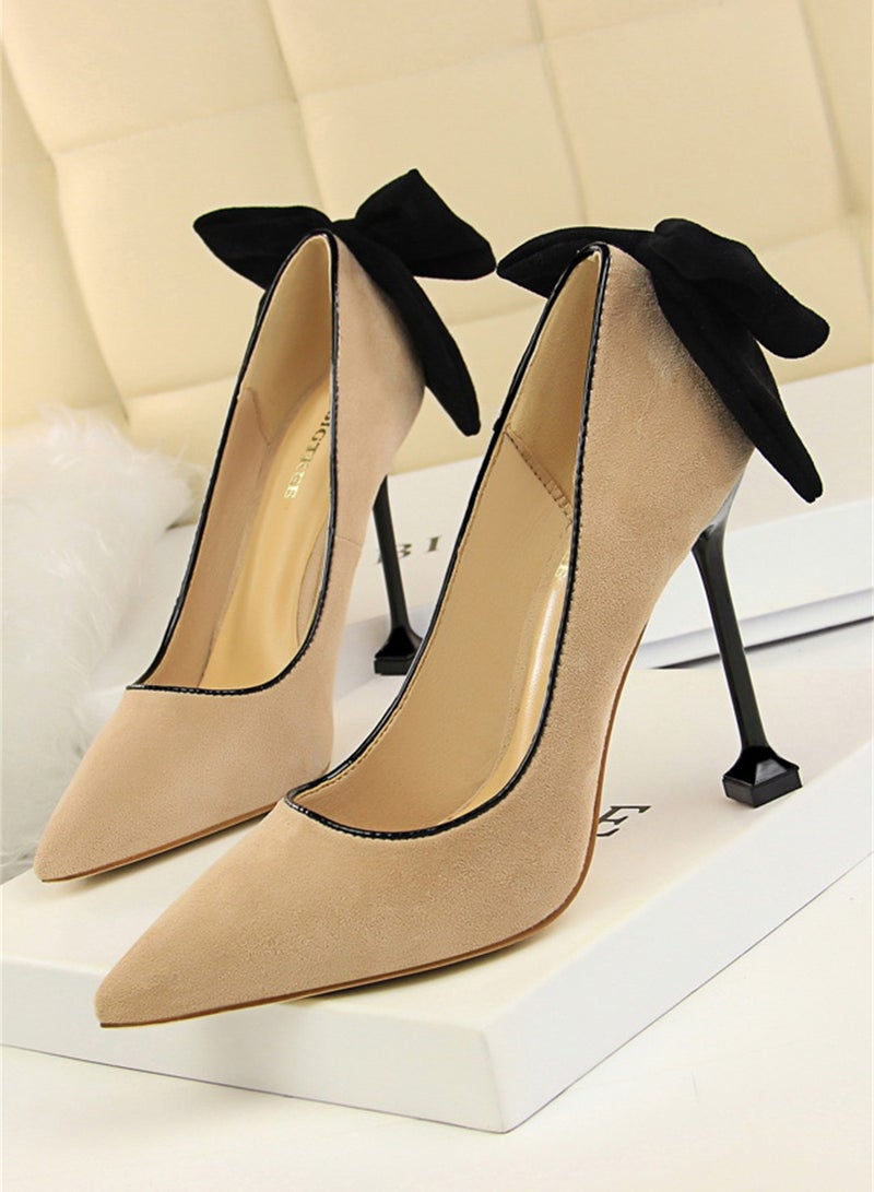 BIGTREE 9.5cm Thin High Heels Women's Shoes Fine Heel Suede Shallow Mouth Pointed Bow Single Shoes Beige  - Image 1